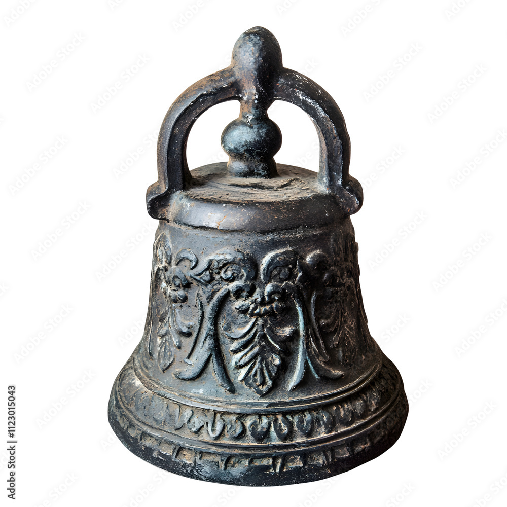 Isolated gothic cast iron bell transparent background artistic display indoor environment close-up view vintage concept Isolated gothic cast iron bell transparent background artistic display indoor environment close-up view vintage concept