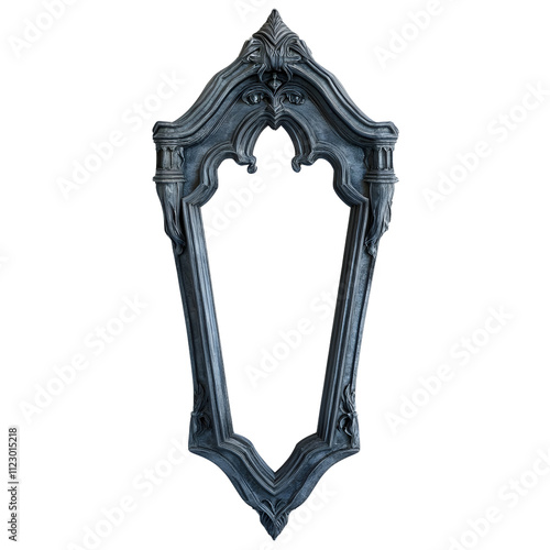 Isolated gothic coffin-shaped mirror display transparent elegance dark aesthetic vintage style artistic home decor