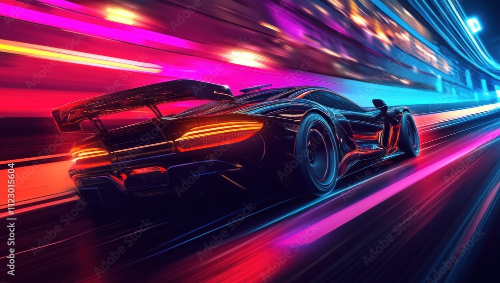 Naklejka premium Black Sports Car Racing Through Neon City