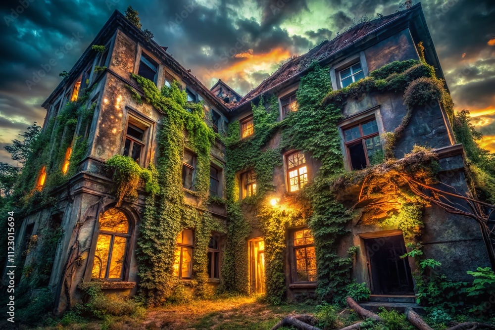Fototapeta premium Mysterious Abandoned Building Surrounded by Overgrown Vines in an Eerie Urban Setting at Dusk