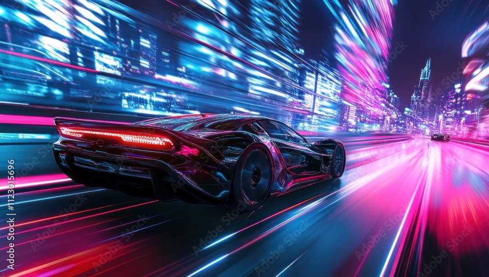 Futuristic Black Sports Car Zooming Through Neon City Futuristic Black Sports Car Zooming Through Neon City