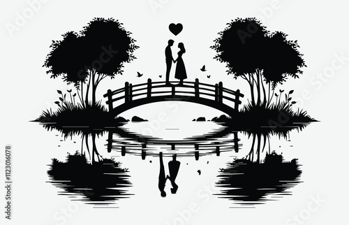 Silhouette of Romantic Couple Standing on Bridge Over Calm River with Heart-Shaped Reflections for Art Projects