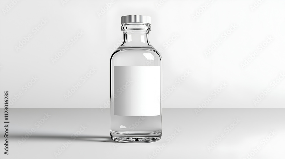 Clear glass water bottle with a blank label isolated on white, isolated on a white background, mock up Clear glass water bottle with a blank label isolated on white, isolated on a white background, mock up
