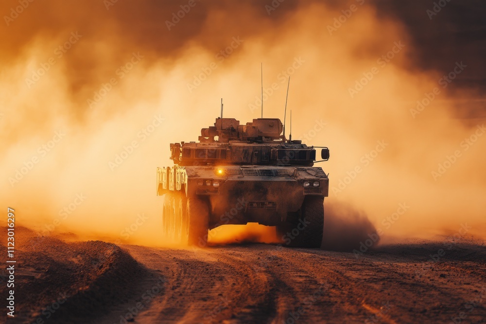 Fototapeta premium Armored car driving on dirt road in the desert, creating a cloud of dust