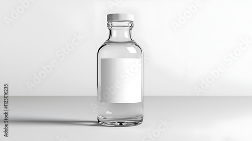 Clear glass water bottle with a blank label isolated on white, isolated on a white background, mock up