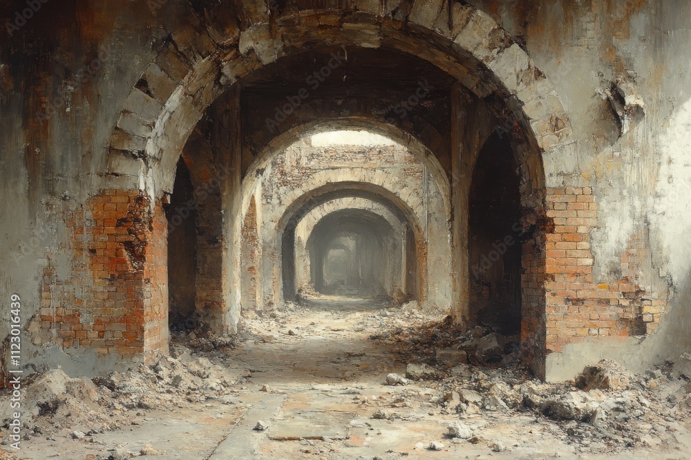 Fototapeta premium Abandoned brick arches in a dilapidated structure, evoking a sense of decay and history.