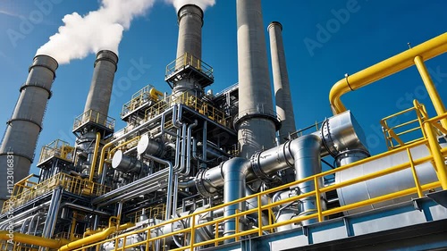 Industrial Power Plant with Smoke Stacks, Metal Pipes, and Blue Sky Highlighting Modern Infrastructure

 photo