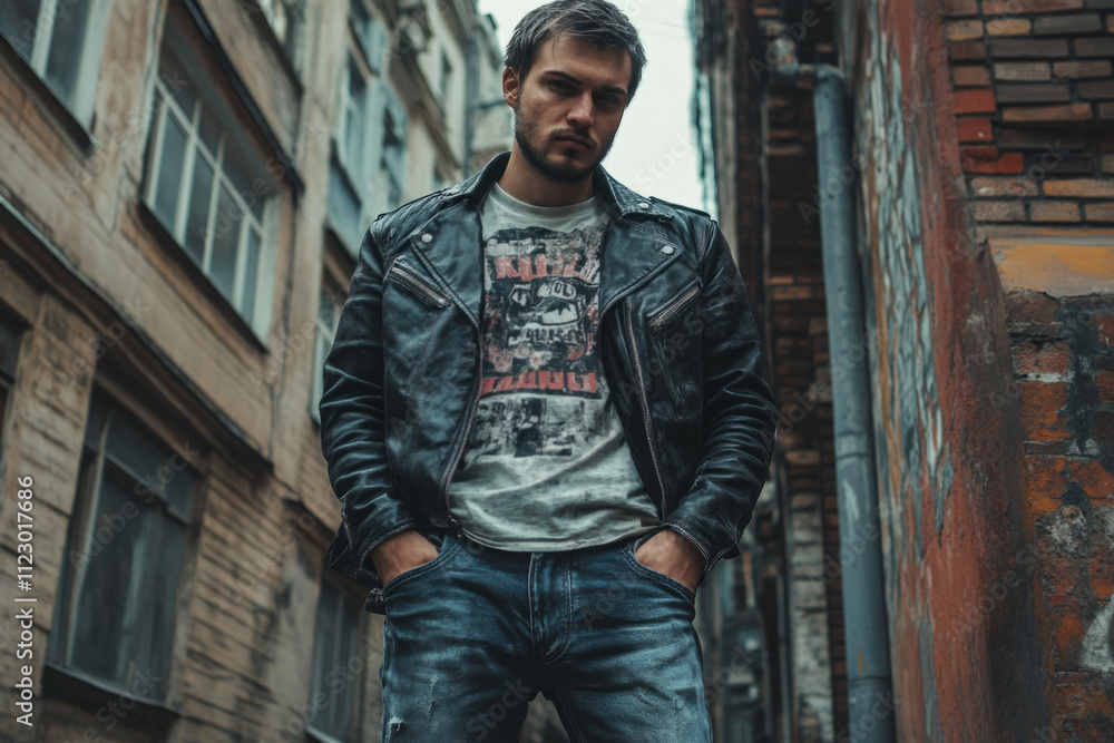 Fototapeta premium Stylish man posing near graffiti wall, showcasing urban fashion trends with leather jacket and jeans