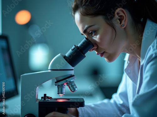 A scientist carefully studies a microscope, fascinated by the tiny worlds within their reach photo