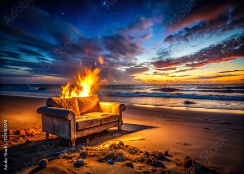 Night Photography of a Burning Sofa on the Seashore with Dramatic Flames Illuminating the Dark Ocean Waves Under a Starry Sky for Unique and Striking Visual Impact photo