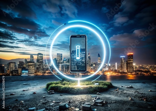 Night Photography of a Circular Symbol Representing the Right to Repair Smartphones, Highlighting Consumer Rights and the Fight Against Built-in Obsolescence photo