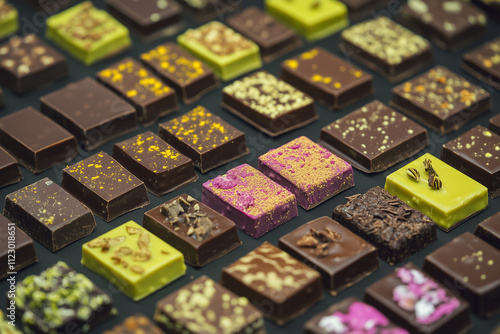 Rows of luxury chocolate bars displayed elegantly. Gentle lighting. Minimalistic black background photo