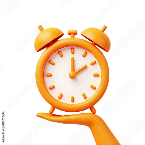 Classic orange vintage alarm clock with a metal frame ringing on a transparent background photo