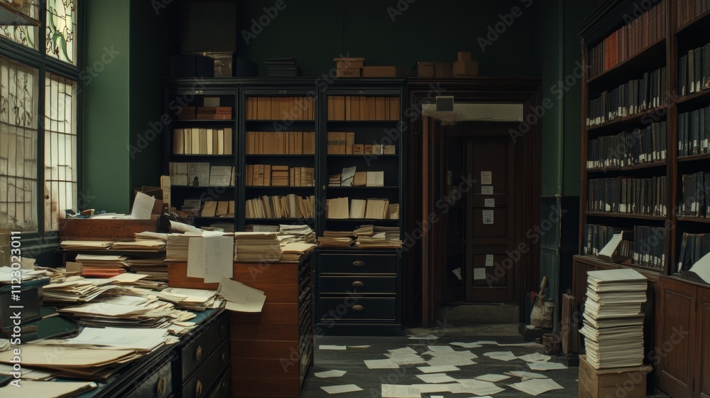 Obraz premium Paper documents stacked in archive. folders with documents on the shelves of archive room. Office shelves in the closet full of files