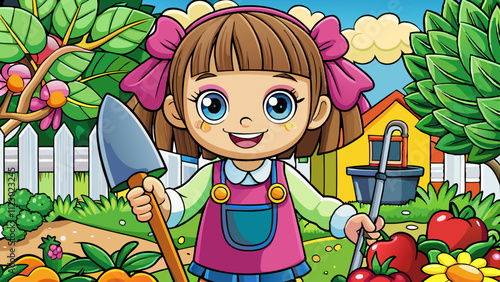 Adorable little toddler girl working with shovel in domestic garden. Cute child learn gardening, planting and cultivating vegetables in domestic garden. Kid with garden tools. Ecology, organic 