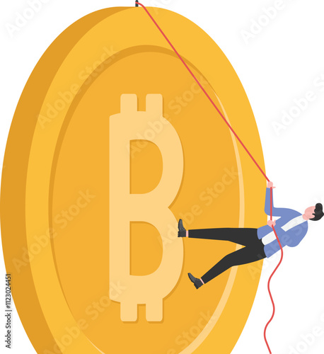 Courageous businessman climbing a tall pile of gold coins
