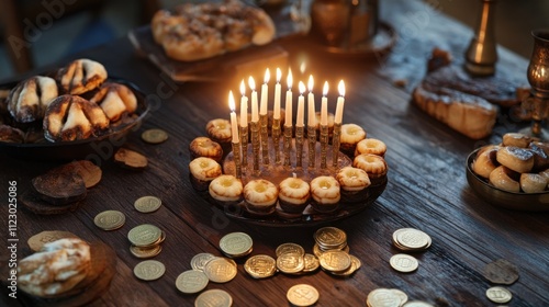 Hanukkah menorah with candles lit, surrounded by dreidels, gold coins, and traditional sufganiyot on a wooden table photo