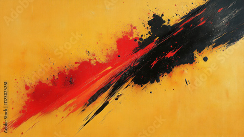 Expressionist abstract with explosive streaks of black and crimson over a vibrant yellow backdrop photo