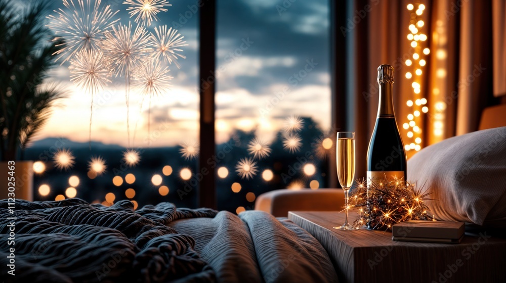 Romantic New Year celebration with champagne, sparkling lights, and fireworks seen through a cozy bedroom window