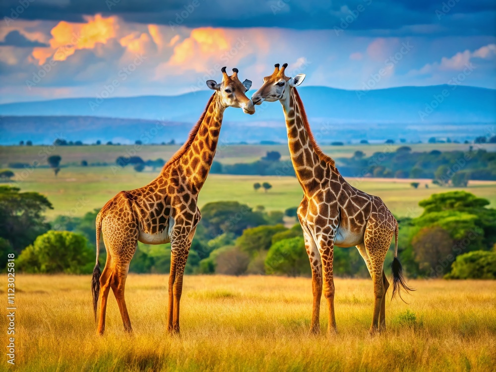 Obraz premium Pair of Majestic Masai Giraffes with Intertwined Necks in the Wild - Captivating Wildlife Photography from Maasai Mara National Reserve, Kenya, Africa