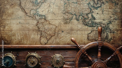 Old ship's helm with nautical decor and an aged map background