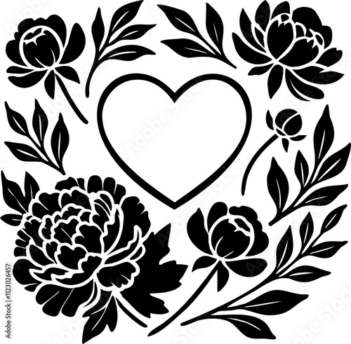 Peonies form a romantic heart silhouette in this intricate vector artwork.
A timeless flower illustration for Valentines, weddings, or romantic themes.
Black floral silhouette combining elegance and l