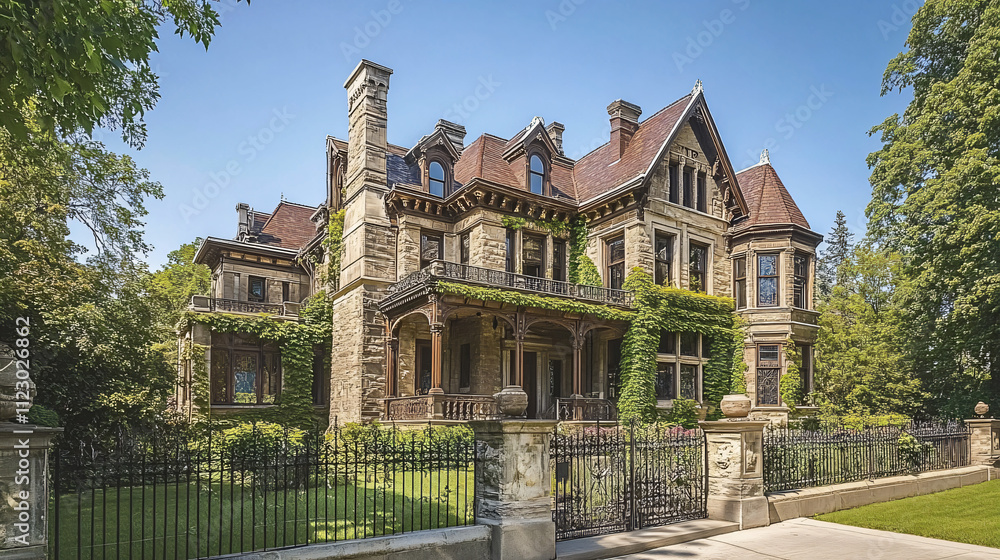 Naklejka premium An old Victorian mansion with a large veranda, ivy-covered walls, and an intricate wrought-iron fence surrounding the property.