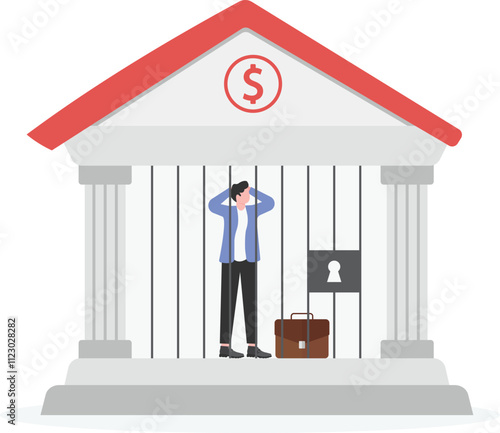 Businessman huddled inside a bank, financial problems or financial problems,
