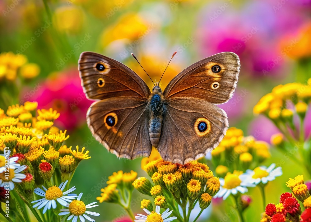 Obraz premium Panoramic View of a Ringlet Butterfly (Aphantopus hyperantus) Delicately Feeding on Vibrant Flowers in a Lush Green Meadow Surrounded by Nature's Beauty and Serenity