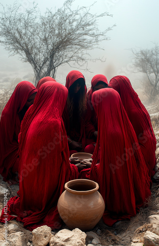 group of women dressed in red, cooking with clay pots in the forest