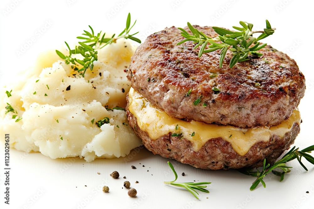 Composition of two cheddar-stuffed burgers mashed potatoes nearby. White background. High-resolution image. Perfect stock photo; side view Composition of two cheddar-stuffed burgers mashed potatoes nearby. White background. High-resolution image. Perfect stock photo; side view
