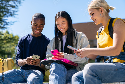 Obraz na plátně University students using smartphones on campus