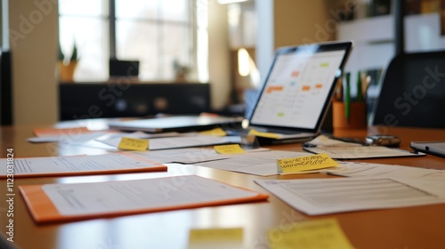 Wallpaper Mural Business plan documents spread across a modern office table, showcasing company growth ideas, a laptop in the background, startup strategy Torontodigital.ca