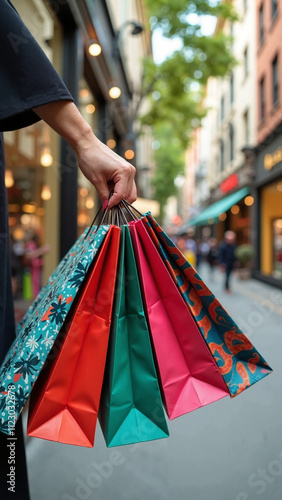 Stylish Woman's Hand Grasping Colorful Shopping Bags: Perfect for Retail Ads, Fashion Campaigns, and Urban Lifestyle Marketing photo