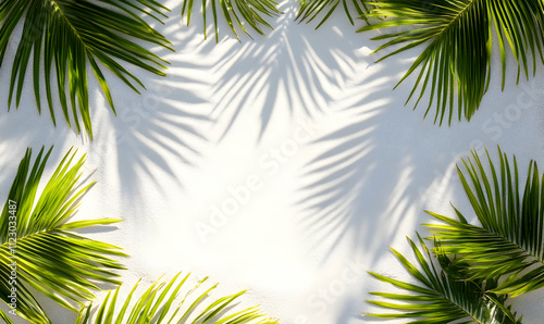 Lush tropical palm leaves cast shadows on a bright white textured background, creating a vibrant summer scene perfect for design projects or social media.