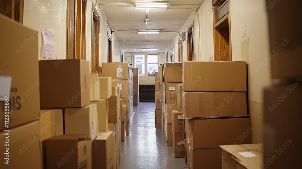 A small apartment hallway filled with piles of cardboard boxes ready for moving day. A small apartment hallway filled with piles of cardboard boxes ready for moving day.