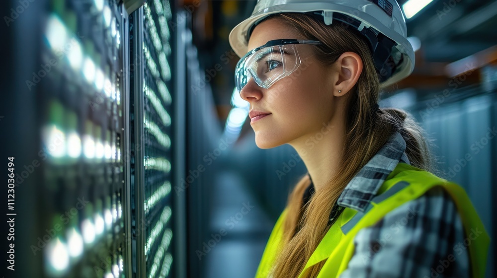 Fototapeta premium Engineer analyzing a high-tech battery unit for renewable energy storage