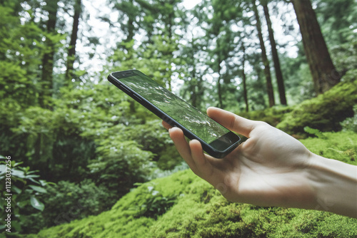 Close-up of a hand holding a smartphone in a lush green forest, blending technology and nature. Ideal for eco-tech or lifestyle themes. photo