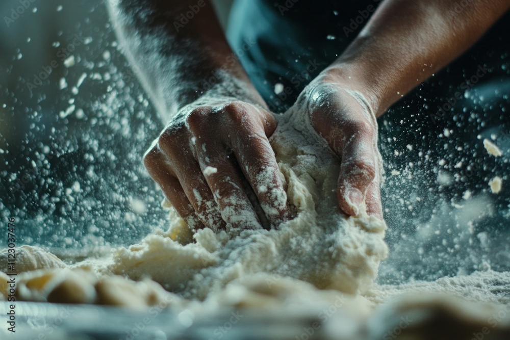 Patisier's hands are making cookie dough with flour, soft cookie dough, close up photo Patisier's hands are making cookie dough with flour, soft cookie dough, close up photo