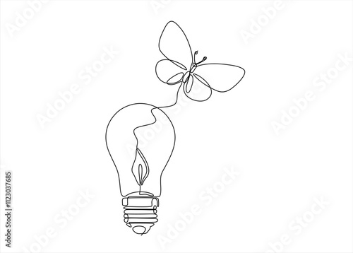 Hand drawn lamp light bulb butterfly moth vector. One line continuous drawing. 