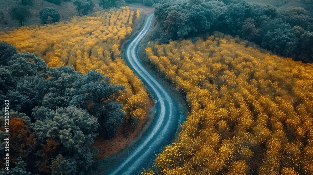 Fototapeta premium an aerial view of a road in the middle of a field