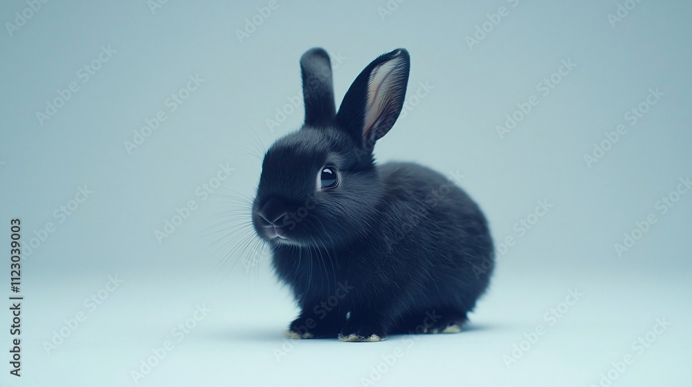 Obraz premium Adorable black bunny rabbit sitting on light blue background.