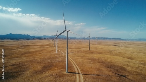 Expansive wind farm spanning miles of farmland with modern, energy-efficient turbine designs capturing the wind photo