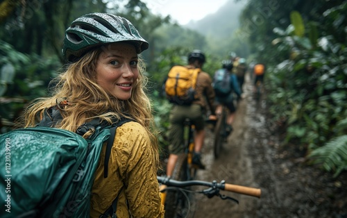 Joyful female cyclist smiles amidst a vibrant, misty jungle during a thrilling mountain biking adventure. Raindrops add a touch of magic to the lush green landscape