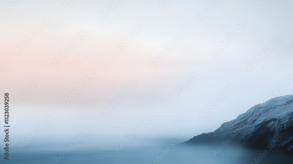 Sunrise over a serene ocean with mountains and rocky coastline Sunrise over a serene ocean with mountains and rocky coastline