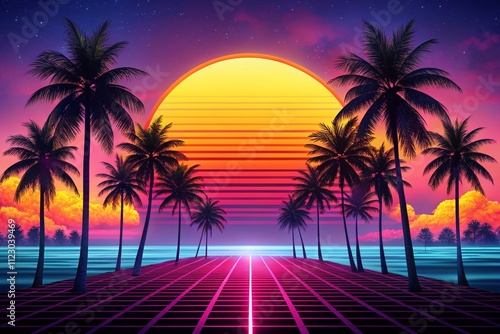 Retro Futuristic Sunset Landscape with Palms Silhouette on Neon Beach for Synthwave Music Cover and Surf Party Banner Design