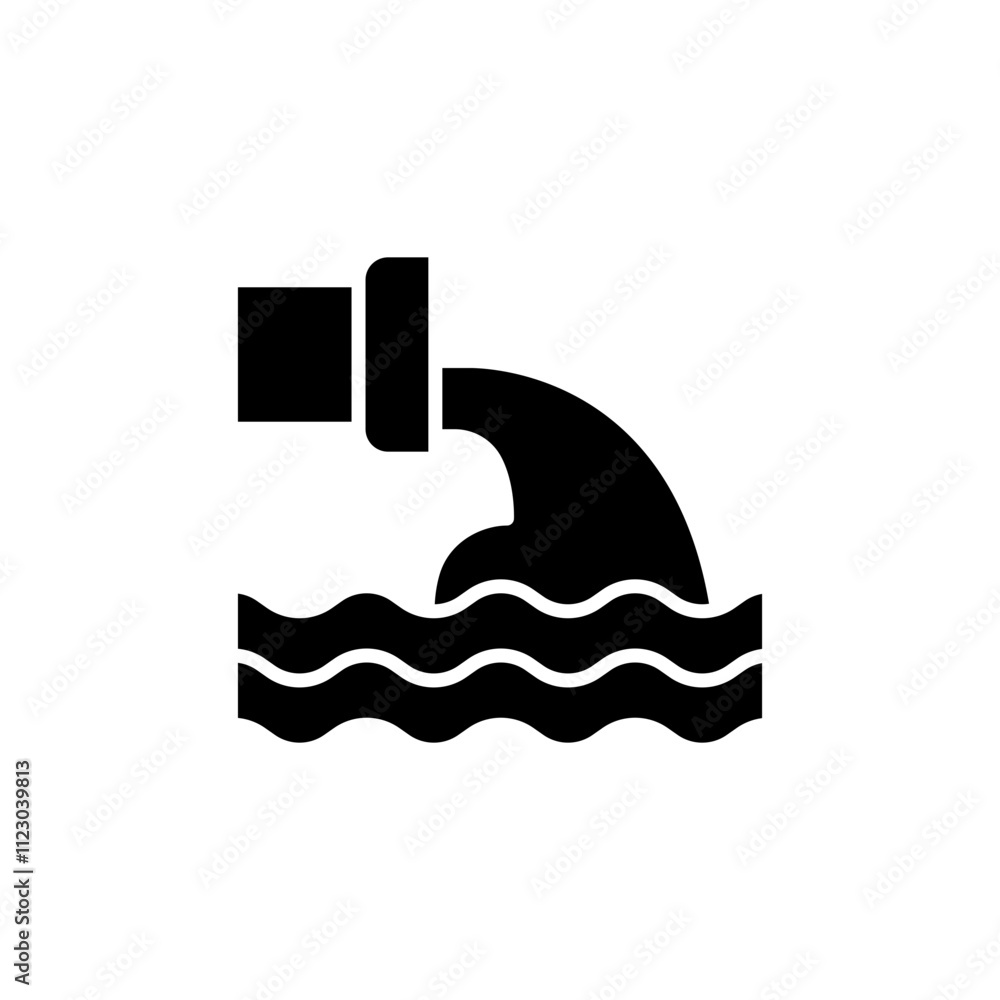 Obraz premium Wastewater icon. Simple solid style. Waste water, effluent, drainage, sewer, sewage, industry, pipe, pollution, environment concept. Black silhouette, glyph symbol. Vector illustration isolated.