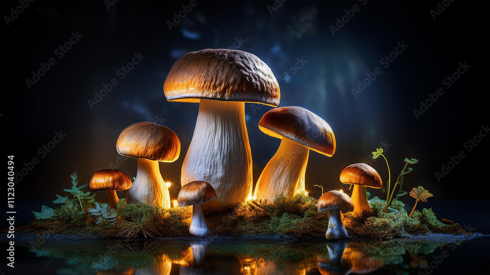 Fototapeta premium Steinpilz Pilze in Szene gesetzt Studio Hintergrund schwarz dunkel Präsentation isoliert Rezept Zutat Kochen Ernte Sammeln