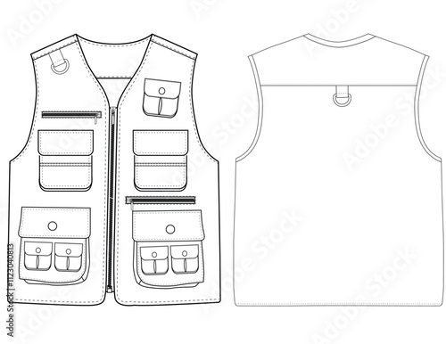 Set of chest vest bag coloring vector illustration front and back view 