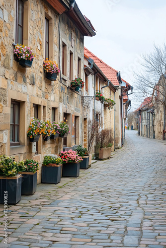 A cobbled street in a historic European town with flower boxes. Road to destination concept  photo